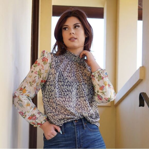 Anthro Current Air Modern Romantic Blouse Sheer Floral High Neck,  Size S - Picture 1 of 11